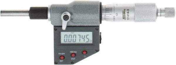 SPI - 0 to 25mm Range, 6.5mm Spindle Diameter, 28.5mm Spindle Length, 160mm OAL, Electronic Micrometer Head - 0.00005" Resolution, 0.0001" Accuracy, Carbide Measuring Face, Data Output - Benchmark Tooling