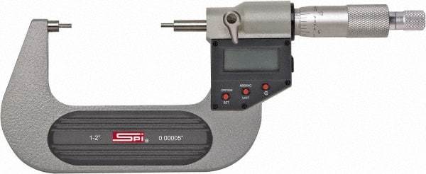 SPI - 0 to 1 Inch, 1.26 Inch Throat Depth, Electronic Spline Micrometer - 0.0001 Inch Accuracy, 0.00005 Inch Graduation, 0.25 Inch Spindle Diameter, 3mm Head Diameter, Ratchet Stop Thimble, Data Output - Benchmark Tooling