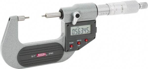 SPI - 0 to 1 Inch, 1.26 Inch Throat Depth, Electronic Spline Micrometer - 0.0001 Inch Accuracy, 0.00005 Inch Graduation, 0.25 Inch Spindle Diameter, 2mm Head Diameter, Ratchet Stop Thimble, Data Output - Benchmark Tooling