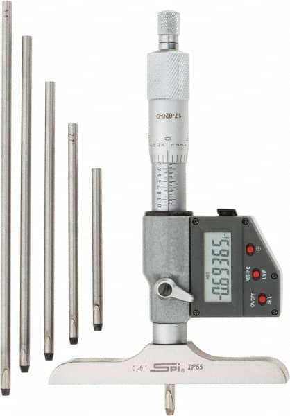 SPI - 0 to 150mm Range, 4" Base Length, 6 Rods, Ratchet Stop Thimble, Electronic Depth Micrometer - IP65, 0.00005" Resolution, Accurate to 0.005mm, 0.176" Rod Diam, LR44 Battery, Data Output - Benchmark Tooling