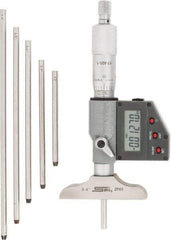 SPI - 0 to 150mm Range, 2-1/2" Base Length, 6 Rods, Ratchet Stop Thimble, Electronic Depth Micrometer - IP65, 0.00005" Resolution, Accurate to 0.005mm, 0.176" Rod Diam, LR44 Battery, Data Output - Benchmark Tooling