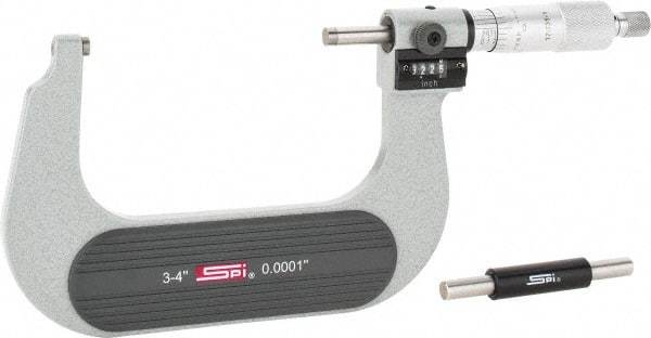 SPI - 3 to 4" Range, 0.0001" Graduation, Mechanical Outside Micrometer - Ratchet Stop Thimble, 2-1/4" Throat Depth, Accurate to 0.0002", Digital Counter - Benchmark Tooling