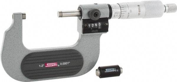 SPI - 1 to 2" Range, 0.0001" Graduation, Mechanical Outside Micrometer - Ratchet Stop Thimble, 1.26" Throat Depth, Accurate to 0.0002", Digital Counter - Benchmark Tooling