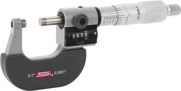 SPI - 0 to 1" Range, 0.0001" Graduation, Mechanical Outside Micrometer - Ratchet Stop Thimble, 0.95" Throat Depth, Accurate to 0.0001", Digital Counter - Benchmark Tooling