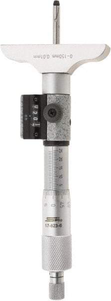 SPI - 0 to 150mm Range, 6 Rod, Mechanical Depth Micrometer - Ratchet Stop Thimble, 63mm Base Length, 0.01mm Graduation, 4.5mm Rod Diam - Benchmark Tooling