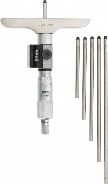 SPI - 0 to 6" Range, 6 Rod, Mechanical Depth Micrometer - Ratchet Stop Thimble, 4" Base Length, 0.001" Graduation, 4.5mm Rod Diam - Benchmark Tooling