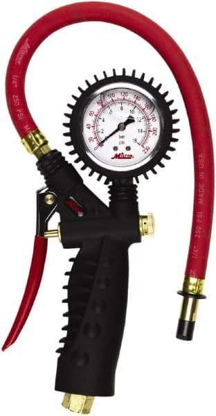 Milton - 0 to 230 psi Dial Straight Tire Pressure Gauge - 15' Hose Length - Benchmark Tooling