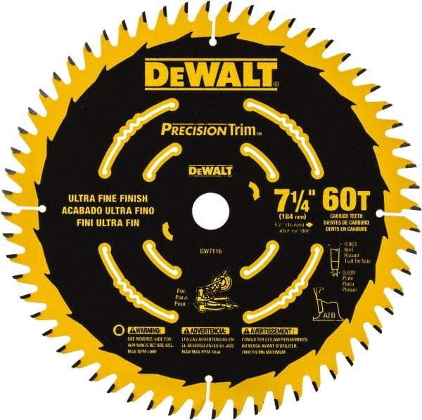 DeWALT - 7-1/4" Diam, 5/8" Arbor Hole Diam, 60 Tooth Wet & Dry Cut Saw Blade - Tungsten Carbide-Tipped, Smooth Action, Standard Round Arbor - Benchmark Tooling