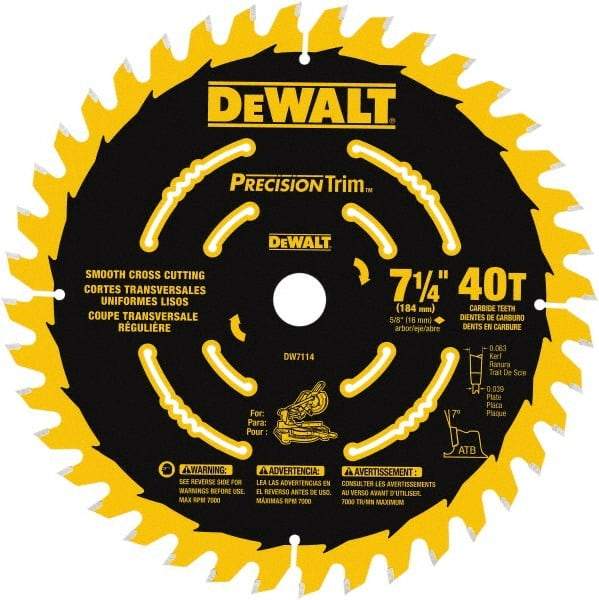 DeWALT - 7-1/4" Diam, 5/8" Arbor Hole Diam, 40 Tooth Wet & Dry Cut Saw Blade - Tungsten Carbide-Tipped, Smooth Action, Standard Round Arbor - Benchmark Tooling