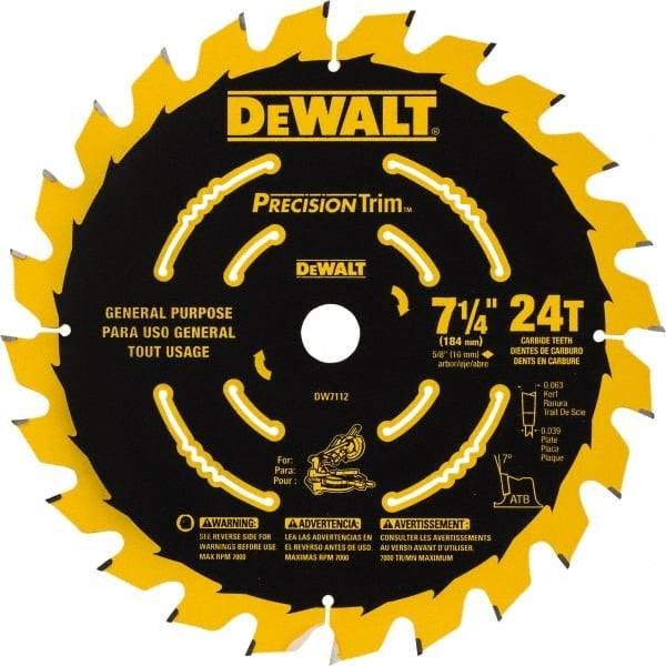 DeWALT - 7-1/4" Diam, 5/8" Arbor Hole Diam, 24 Tooth Wet & Dry Cut Saw Blade - Tungsten Carbide-Tipped, Smooth Action, Standard Round Arbor - Benchmark Tooling