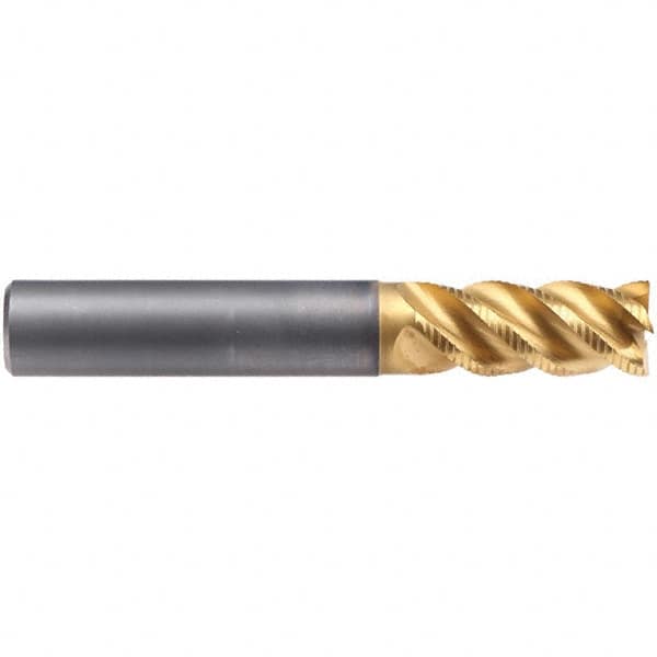 Emuge - 16mm Diam, 32mm LOC, 4 Flute Solid Carbide Roughing & Finishing End Mill - TiN/TiAlN Finish, 92mm OAL, 16mm Shank Diam, Cylindrical Shank, 45° Helix, Long Length - Benchmark Tooling