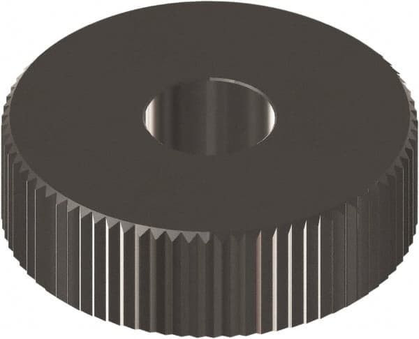 Made in USA - 1/2" Diam, 90° Tooth Angle, 30 TPI, Beveled Face, Form Type Cobalt Straight Knurl Wheel - 3/16" Face Width, 3/16" Hole, Circular Pitch, 0° Helix, Ferritic Nitrocarburizing Finish, Series EP - Exact Industrial Supply