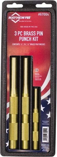 Mayhew - 3 Piece, 1/4 to 1/2", Pin Punch Set - Round Shank, Brass, Comes in Plastic Tray - Benchmark Tooling