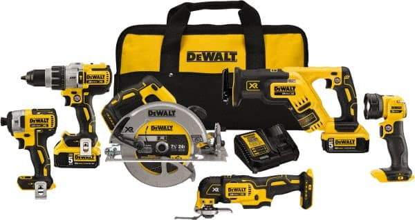 DeWALT - 20 Volt Cordless Tool Combination Kit - Includes 1/2" Brushless Hammerdrill, 1/4" Brushless Impact Driver, Brushless Reciprocating Saw, 7-1/2" Brushless Circular Saw, Oscillating Tool & LED Worklight, Lithium-Ion Battery Included - Benchmark Tooling