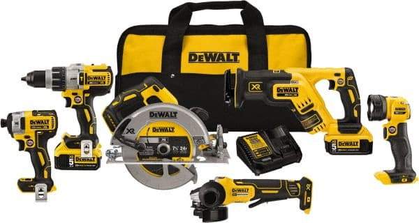 DeWALT - 20 Volt Cordless Tool Combination Kit - Includes 1/2" Brushless Hammerdrill, 1/4" Brushless Impact Driver, Brushless Reciprocating Saw, 7-1/2" Brushless Circular Saw, Cut-Off Tool/Grinder & LED Worklight, Lithium-Ion Battery Included - Benchmark Tooling