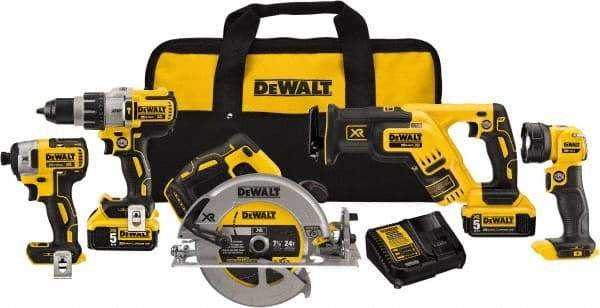 DeWALT - 20 Volt Cordless Tool Combination Kit - Includes 1/2" Brushless Hammerdrill, 1/4" Brushless Impact Driver, Brushless Reciprocating Saw, 7-1/2" Brushless Circular Saw & LED Worklight, Lithium-Ion Battery Included - Benchmark Tooling