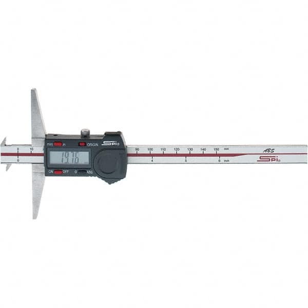 SPI - 0" to 150mm Stainless Steel Electronic Depth Gage - 0.02mm Accuracy, 0.01mm Resolution, 100mm Base Length, Hook Included - Benchmark Tooling