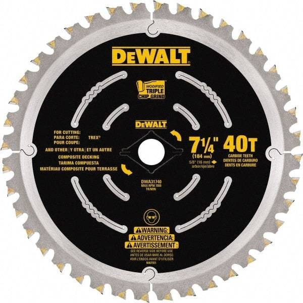 DeWALT - 7-1/4" Diam, 15.88mm Arbor Hole Diam, 40 Tooth Wet & Dry Cut Saw Blade - Steel, Framing Action, Standard Round Arbor - Benchmark Tooling