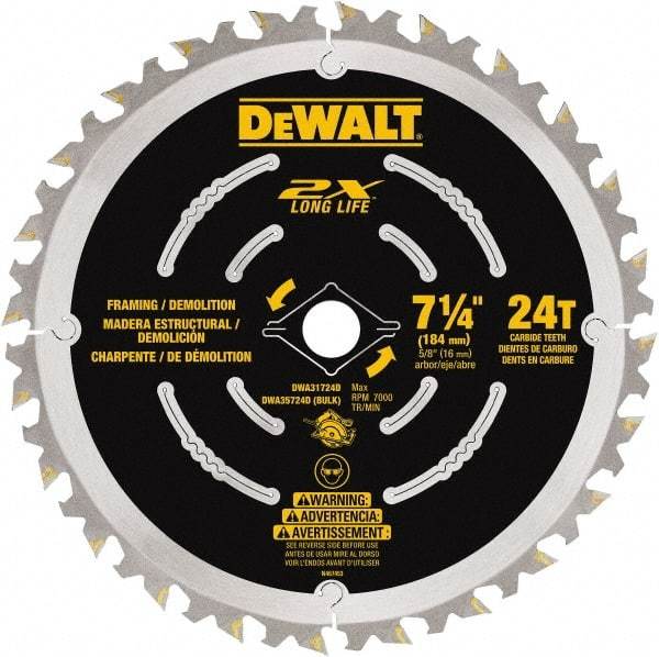 DeWALT - 7-1/4" Diam, 15.88mm Arbor Hole Diam, 48 Tooth Wet & Dry Cut Saw Blade - Steel, Framing Action, Standard Round Arbor - Benchmark Tooling