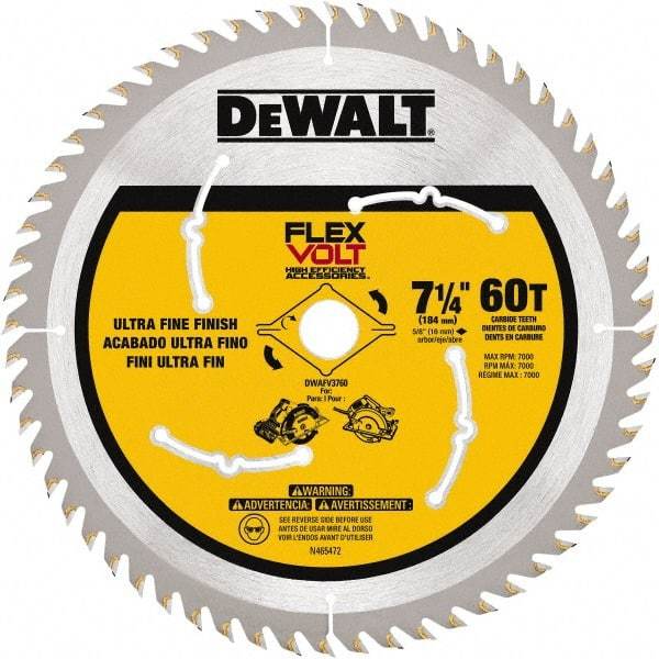 DeWALT - 7-1/4" Diam, 15.88mm Arbor Hole Diam, 60 Tooth Wet & Dry Cut Saw Blade - Steel, Smooth Action, Standard Round Arbor - Benchmark Tooling