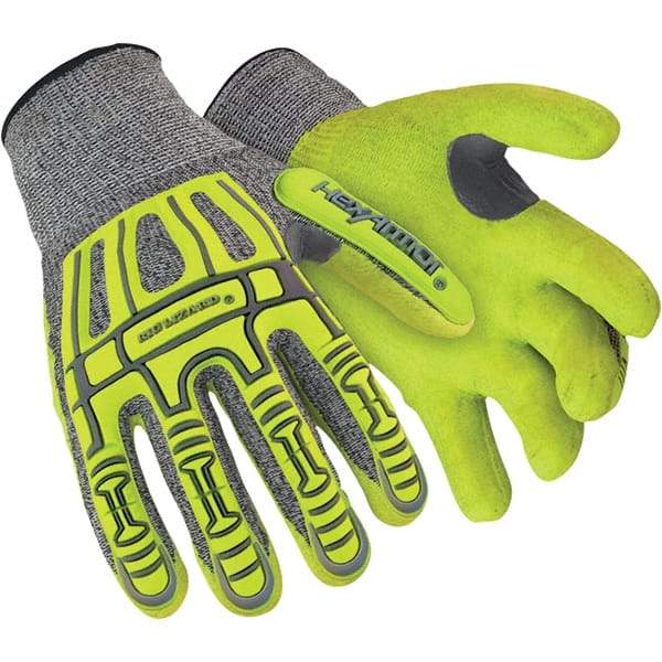HexArmor - Size 2XS (5), ANSI Cut Lvl A4, Puncture Lvl 4, Abrasion Lvl 4, Nitrile Coated Cut Resistant Gloves - Palm & Fingers Coated, Knit Wrist, Yellow/Black, Paired - Benchmark Tooling