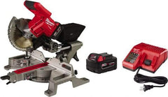 Milwaukee Tool - 5 Amp, 18 Volt, 5,000 RPM, 49° Left & Right Double Bevel Sliding Miter Saw - 5/8" Arbor, 7-1/4" Blade Diam, Includes Blade Wrench, Blade, Battery Pack & Battery Charger - Benchmark Tooling