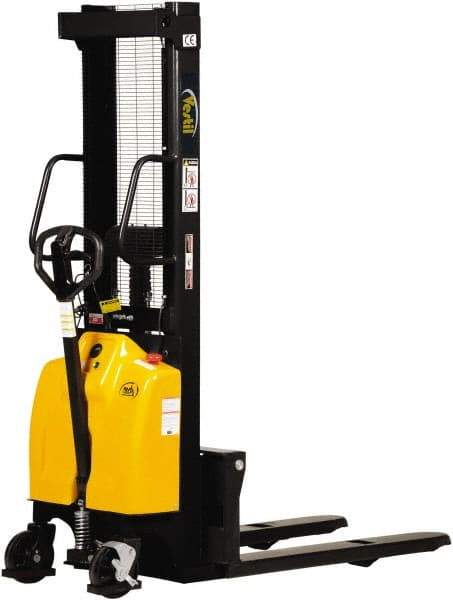 Vestil - 2,000 Lb Capacity, 98" Lift Height, Battery Powered Stacker - 3-3/8" Lowered Height, 42" Fork Length, 26-3/4" Overall Width - Benchmark Tooling