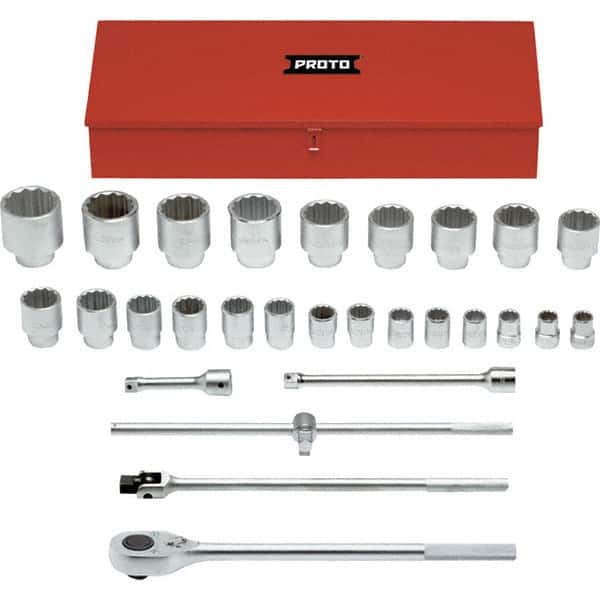 Proto - 29 Piece 1" Drive Chrome Finish Socket Set - 12 Points, 1-1/16" to 3-1/2" Range, Inch Measurement Standard - Benchmark Tooling