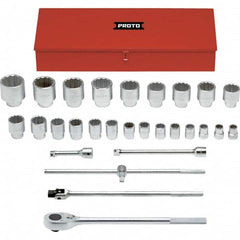 Proto - 29 Piece 1" Drive Chrome Finish Socket Set - 12 Points, 1-1/16" to 3-1/2" Range, Inch Measurement Standard - Benchmark Tooling