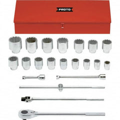 Proto - 22 Piece 1" Drive Chrome Finish Socket Set - 12 Points, 1-1/2" to 3-1/2" Range, Inch Measurement Standard - Benchmark Tooling