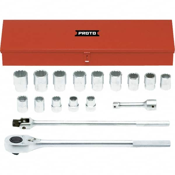 Proto - 17 Piece 1" Drive Chrome Finish Socket Set - 12 Points, 1-1/16" to 2" Range, Inch Measurement Standard - Benchmark Tooling