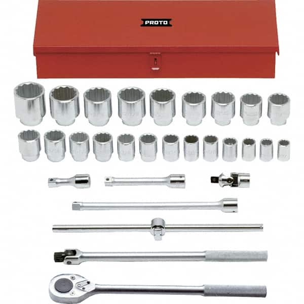 Proto - 29 Piece 3/4" Drive Chrome Finish Socket Set - 12 Points, 7/8" to 2-3/8" Range, Inch Measurement Standard - Benchmark Tooling