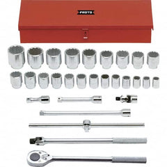 Proto - 29 Piece 3/4" Drive Chrome Finish Socket Set - 12 Points, 7/8" to 2-3/8" Range, Inch Measurement Standard - Benchmark Tooling