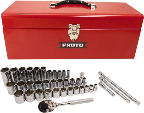 Proto - 39 Piece 3/8" & 1/2" Drive Chrome Finish Deep Well Socket Set - 6 Points, 5/16" to 1" Range, Inch Measurement Standard - Benchmark Tooling