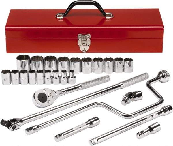 Proto - 26 Piece 1/2" Drive Chrome Finish Socket Set - 12 Points, 3/8" to 1-1/2" Range, Inch Measurement Standard - Benchmark Tooling