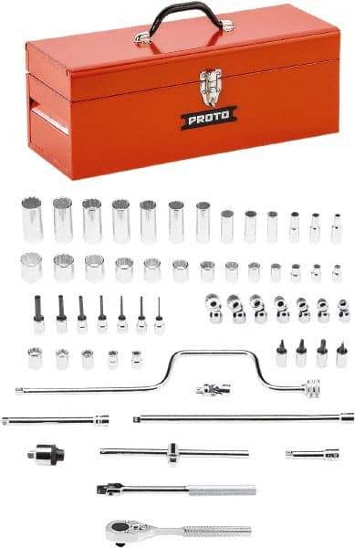 Proto - 58 Piece 3/8" Drive Chrome Finish Deep Well Socket Set - 8, 12 Points, 1/4" to 1" Range, Inch Measurement Standard - Benchmark Tooling