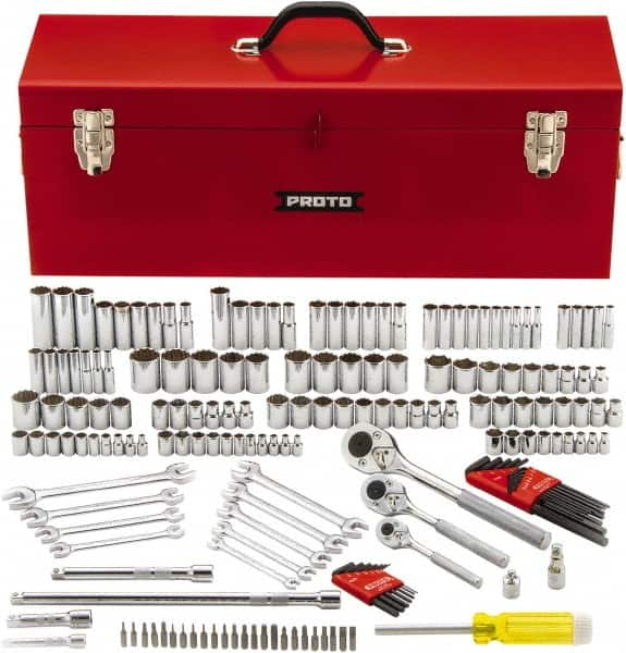 Proto - 184 Piece 1/4", 3/8" & 1/2" Drive Chrome Finish Deep Well Socket Set - 6, 12 Points, 3/16" to 1" (4mm to 22mm) Range, Inch/Metric Measurement Standard - Benchmark Tooling