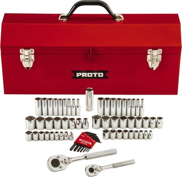 Proto - 63 Piece 1/4" & 3/8" Drive Chrome Finish Deep Well Socket Set - 6, 12 Points, 1/8" to 3/4" (5mm to 18mm) Range, Inch/Metric Measurement Standard - Benchmark Tooling