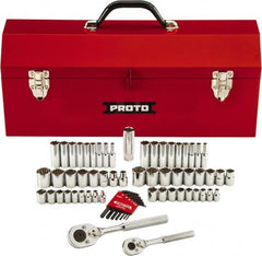 Proto - 63 Piece 1/4" & 3/8" Drive Chrome Finish Deep Well Socket Set - 6, 12 Points, 1/8" to 3/4" (5mm to 18mm) Range, Inch/Metric Measurement Standard - Benchmark Tooling