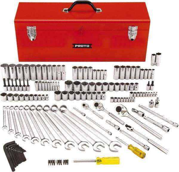 Proto - 148 Piece 1/4, 3/8 & 1/2" Drive Standard Deep Socket Set - 6 & 12 Points, 5/32 to 1-1/8", Inch Measurement Standard - Benchmark Tooling