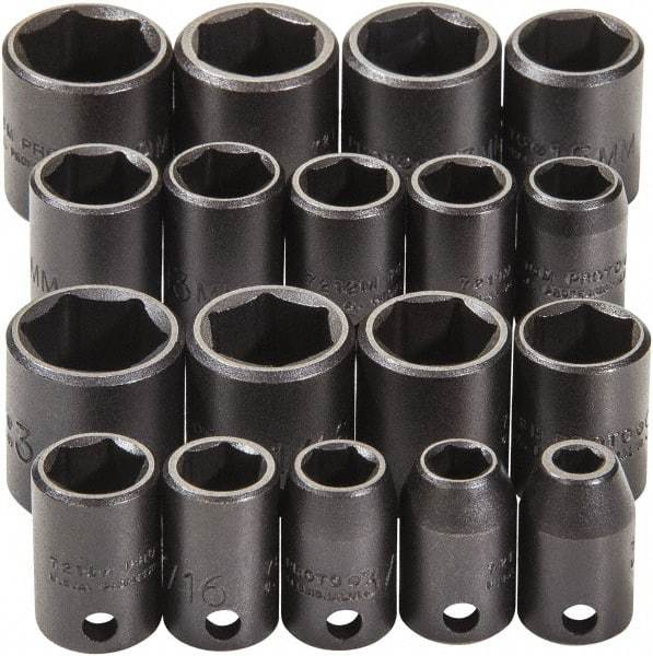 Proto - 18 Piece 3/8" Drive Black Finish Impact Socket Set - 6 Points, 1/4" to 3/4" (10mm to 19mm) Range, Inch/Metric Measurement Standard - Benchmark Tooling