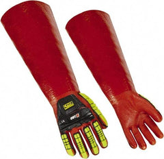 Ringers Gloves - Size L (10), 17" Long, 10 mil Thick, PVC Chemical Resistant Gloves - Textured Finish, KEVLAR Lined, Gauntlet Cuff, ANSI Abrasion Level 4, ANSI Cut Level 3, Hi-Viz Yellow/Red - Benchmark Tooling