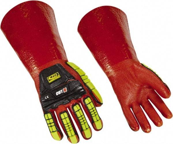 Ringers Gloves - Size M (10), 14" Long, 10 mil Thick, PVC Chemical Resistant Gloves - Textured Finish, KEVLAR Lined, Gauntlet Cuff, ANSI Abrasion Level 4, ANSI Cut Level 3, Hi-Viz Yellow/Red - Benchmark Tooling