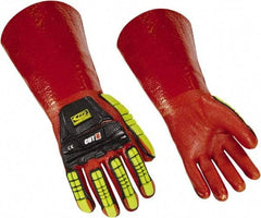 Ringers Gloves - Size XL (12), 14" Long, 10 mil Thick, PVC Chemical Resistant Gloves - Textured Finish, KEVLAR Lined, Gauntlet Cuff, ANSI Abrasion Level 4, ANSI Cut Level 3, Hi-Viz Yellow/Red - Benchmark Tooling