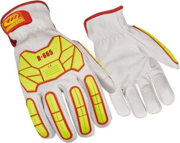 Ringers Gloves - Size XL (11), ANSI Cut Lvl A5, Goatskin Leather Cut Resistant Gloves - Hook & Loop Cuff, White/Hi-Vis Yellow, Paired - Benchmark Tooling