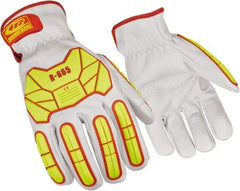 Ringers Gloves - Size L (10), ANSI Cut Lvl 3, Goatskin Leather Cut Resistant Gloves - Hook & Loop Cuff, White/Hi-Vis Yellow, Paired - Benchmark Tooling