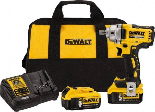 DeWALT - 1/2" Drive 20 Volt Mid-Handle Cordless Impact Wrench & Ratchet - 2,000 RPM, 0 to 3,100 BPM, 330 Ft/Lb Torque, 2 Lithium-Ion Batteries Included - Benchmark Tooling