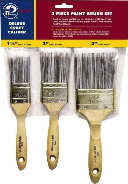 Premier Paint Roller - 1-1/2, 2 & 3" Flat Polyester General Purpose Paint Brush Set - 2-1/4 & 2-1/2 & 3" Bristle Length, 6 & 6-1/2" Wood Beavertail Handle - Benchmark Tooling