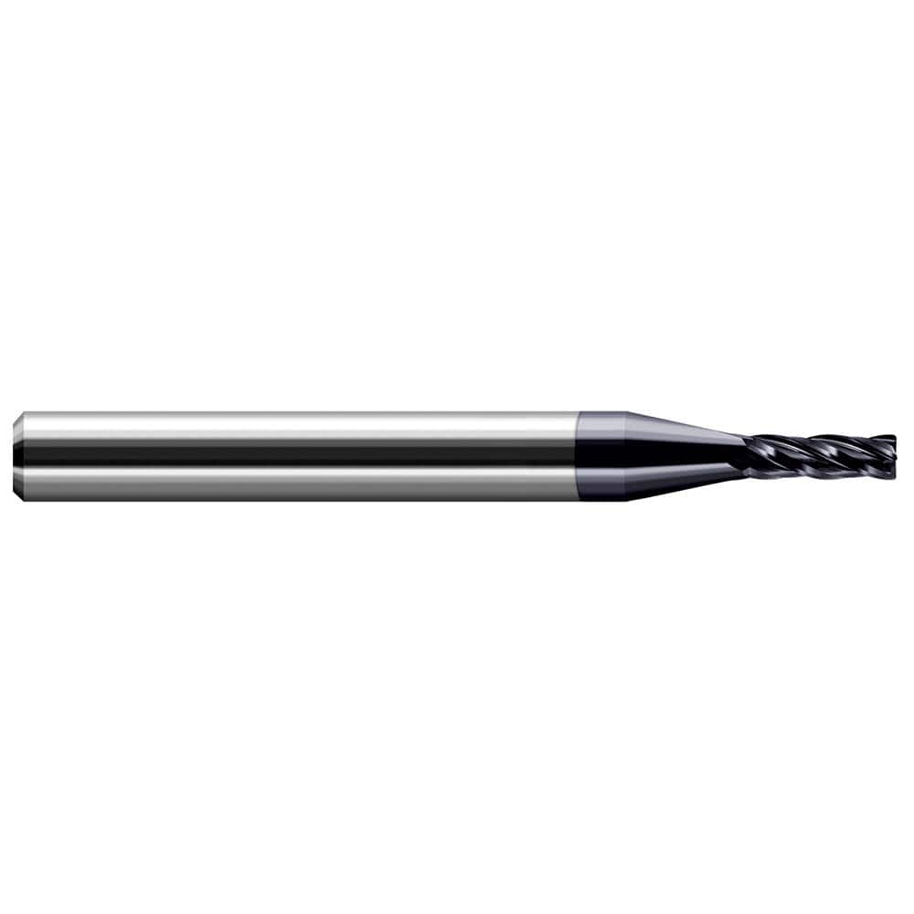 Corner Radius End Mill: 0.04″ Dia, 0.12″ LOC, 0.005″ Radius, 3 Flutes, Solid Carbide 1-1/2″ OAL, 1/8″ Shank Dia, 30 ° Helix, AlTiN Coated, Corner Radius End