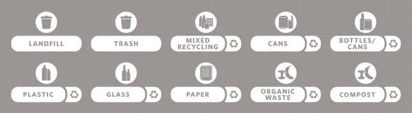 Rubbermaid - Trash Can Decal Message: Landfill, Trash, Mixed Recycling, Cans, Bottles/Cans, Plastic, Glass, Paper, Organic Waste, Compost - English, Text on Color, White, Indoor & Outdoor, Apply to Polypropylene, 8-1/2" Wide - Benchmark Tooling